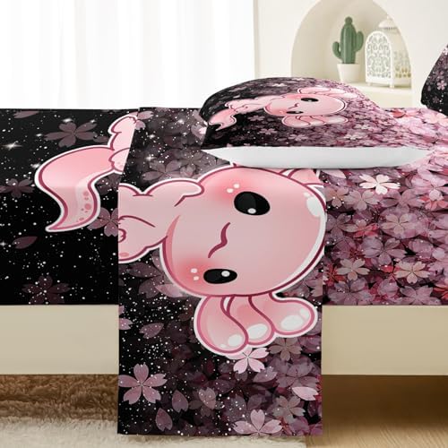 QOOMO Kawaii Axolotl Bedding Set Pink Cherry Blossom
