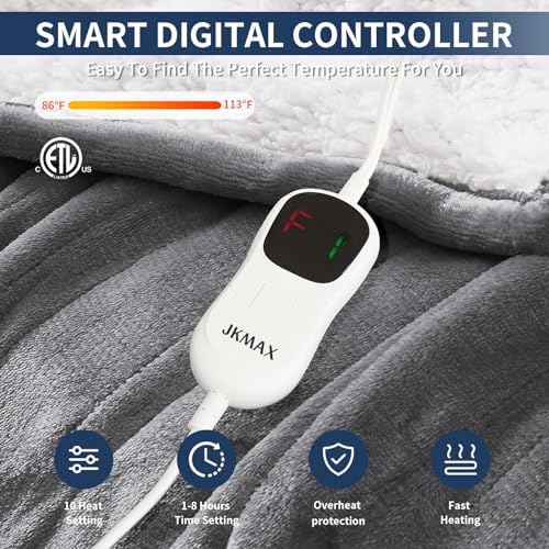 JKMAX Heated Blanket 72x84 Grey 5 Heating Levels 4H Auto Off