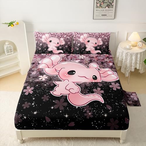 QOOMO Kawaii Axolotl Bedding Set Pink Cherry Blossom