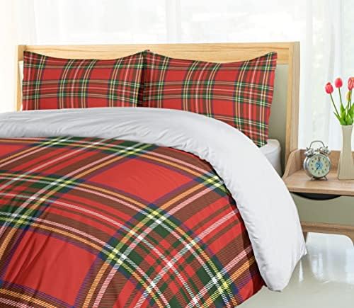 Ambesonne Plaid Duvet Cover Set King Size - Vermilion Orange and Green