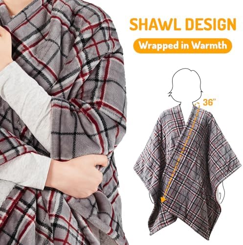 Degrees of Comfort Heated Sherpa Wrap Shawl - Reversible Grey Plaid