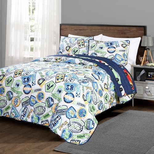 Lush Decor Race Car Kids Quilt Bed Set Navy Twin