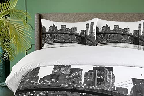 Ambesonne Queen Duvet Cover Set with Pillow Shams Brooklyn Bridge Sunset Image Monochrome
