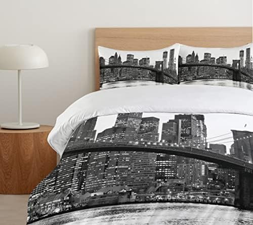 Ambesonne Queen Duvet Cover Set with Pillow Shams Brooklyn Bridge Sunset Image Monochrome