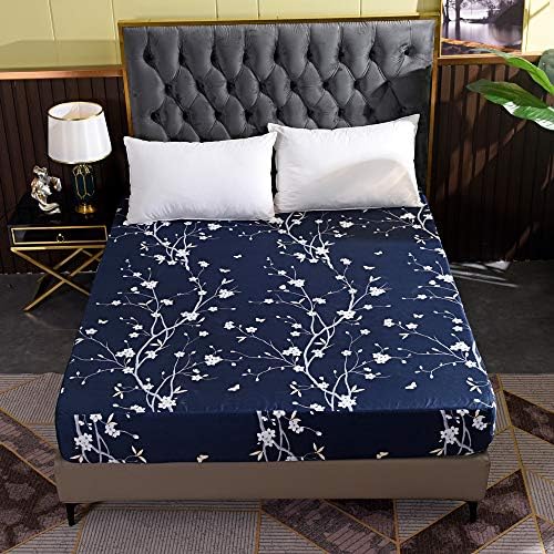 Hecnoey Floral Printed Full Fitted Sheet Navy Blue Deep Pocket