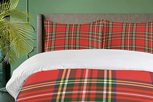 Ambesonne Plaid Duvet Cover Set King Size - Vermilion Orange and Green