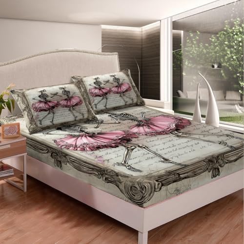 Manfei Skeleton Kids Fitted Sheet Set Pink Brown Bedding with Gothic Skull Design