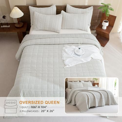 Sanracie 100 Cotton Oversized Queen Bedspread Set Khaki Waffle Weave 1