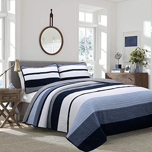 Cozy Line Tranquil Blue Gray Striped Reversible Quilt Set Twin 2 Piece