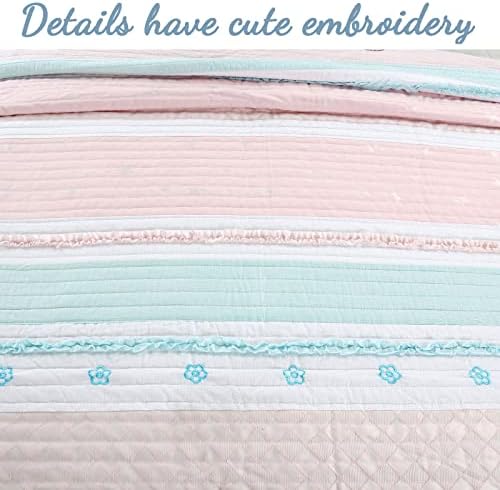 Cozy Line Light Pink Blue Ruffles Quilt Bedding Set 3 Piece