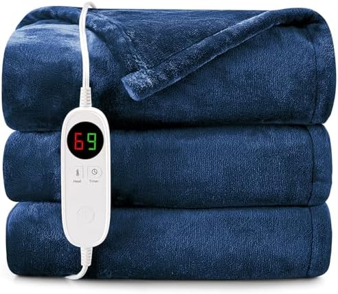 Hyleory Heated Blanket Throw 62 x 84 6 Level Warmth Navy Blue