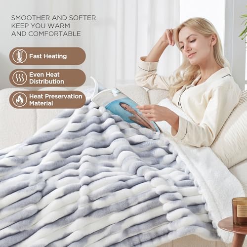Westinghouse Heated Throw Blanket with 6 Levels Auto Off 50x60 Inch Blue Gray