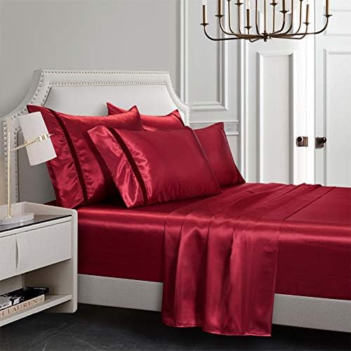 RevenRella 6-Piece Satin Sheet Set Queen Size Burgundy Velvet