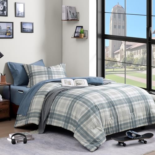 Blue Grey Plaid Twin XL Comforter Set Bed in a Bag