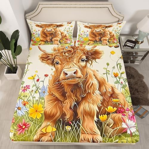 Jejeloiu King Size Highland Cow Bed Sheet Set
