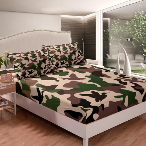 Erosebridal Camo Duck King Size Flat Fitted Sheet Set