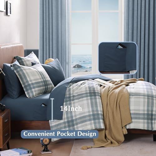 Blue Grey Plaid Comforter Set for Boys Girls Teen