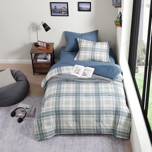 Blue Grey Plaid Twin XL Comforter Set Bed in a Bag