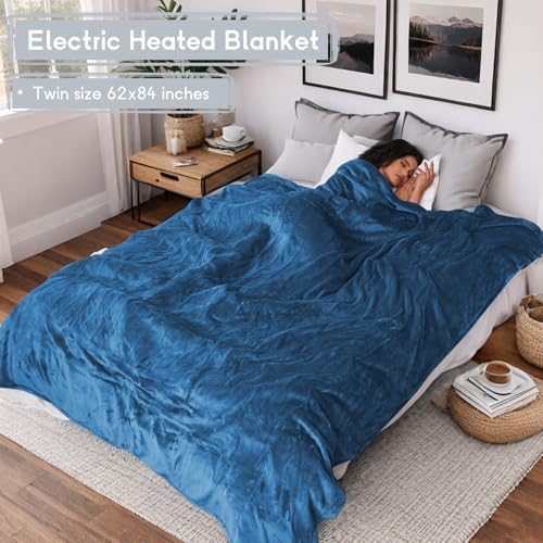 Minervada Electric Heated Blanket Twin 62x84 Flannel Warm Blue