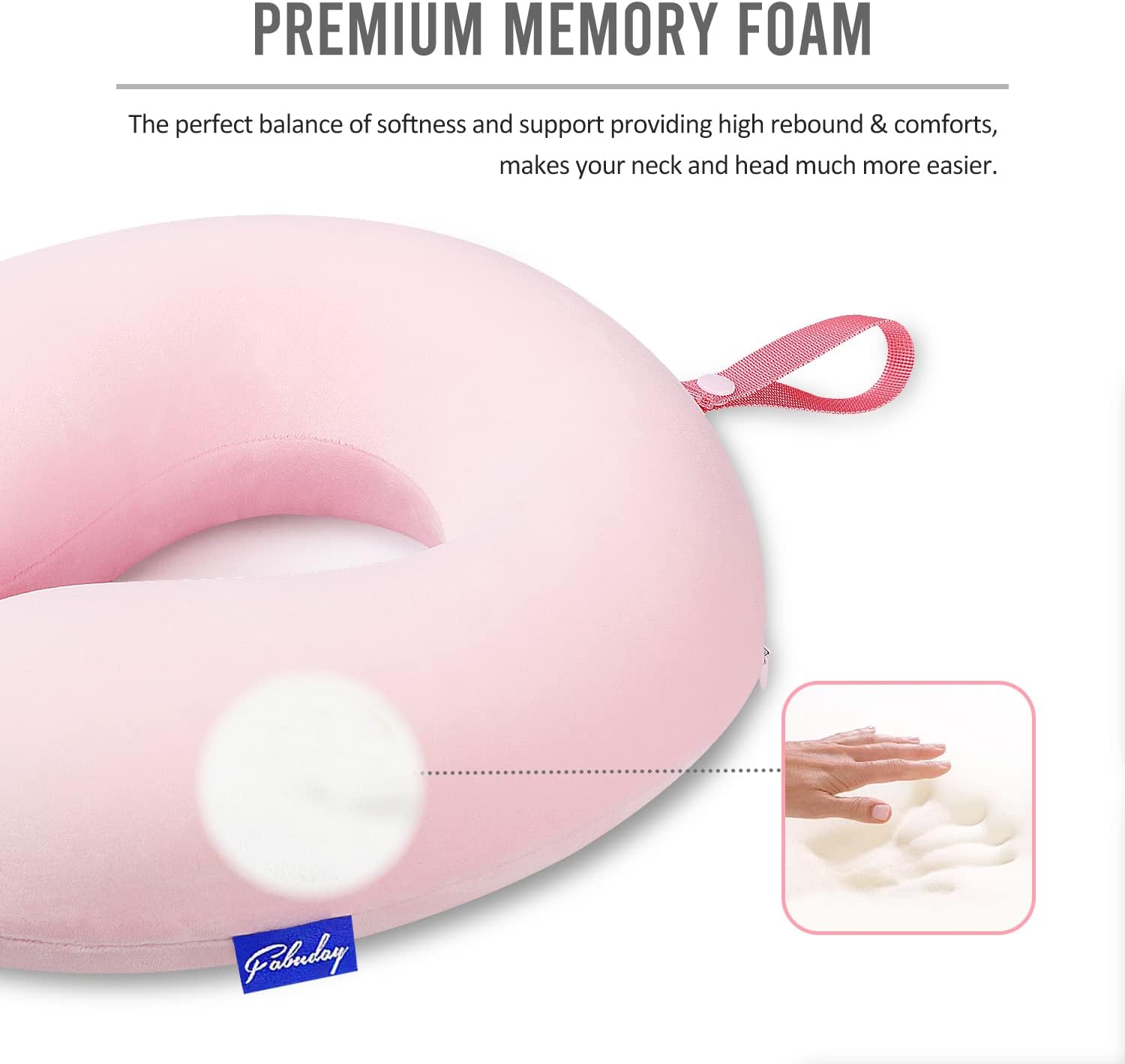 Fabuday Memory Foam Travel Neck Pillow - Pink with Snap Strap