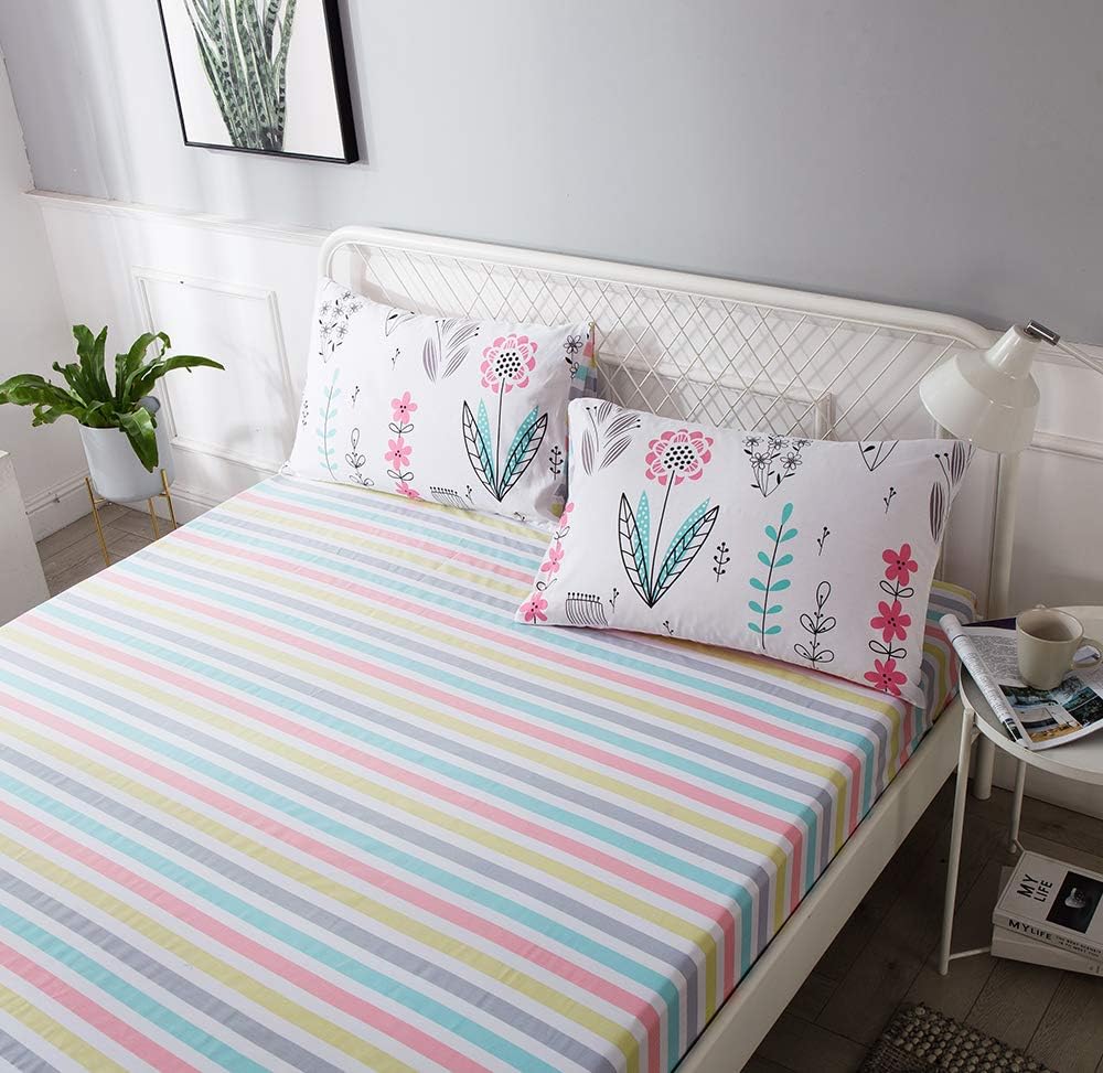 HighBuy Cooling Cotton Fitted Sheet Twin Size Deep Pocket Striped