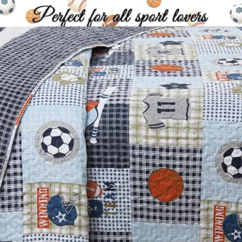 Cozy Line Blue Sports Quilt Set for Boys Kids Queen