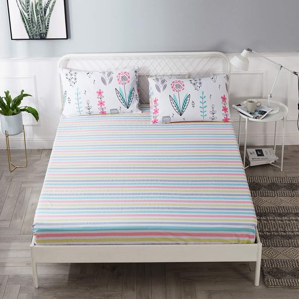 HighBuy Cooling Cotton Fitted Sheet Twin Size Deep Pocket Striped