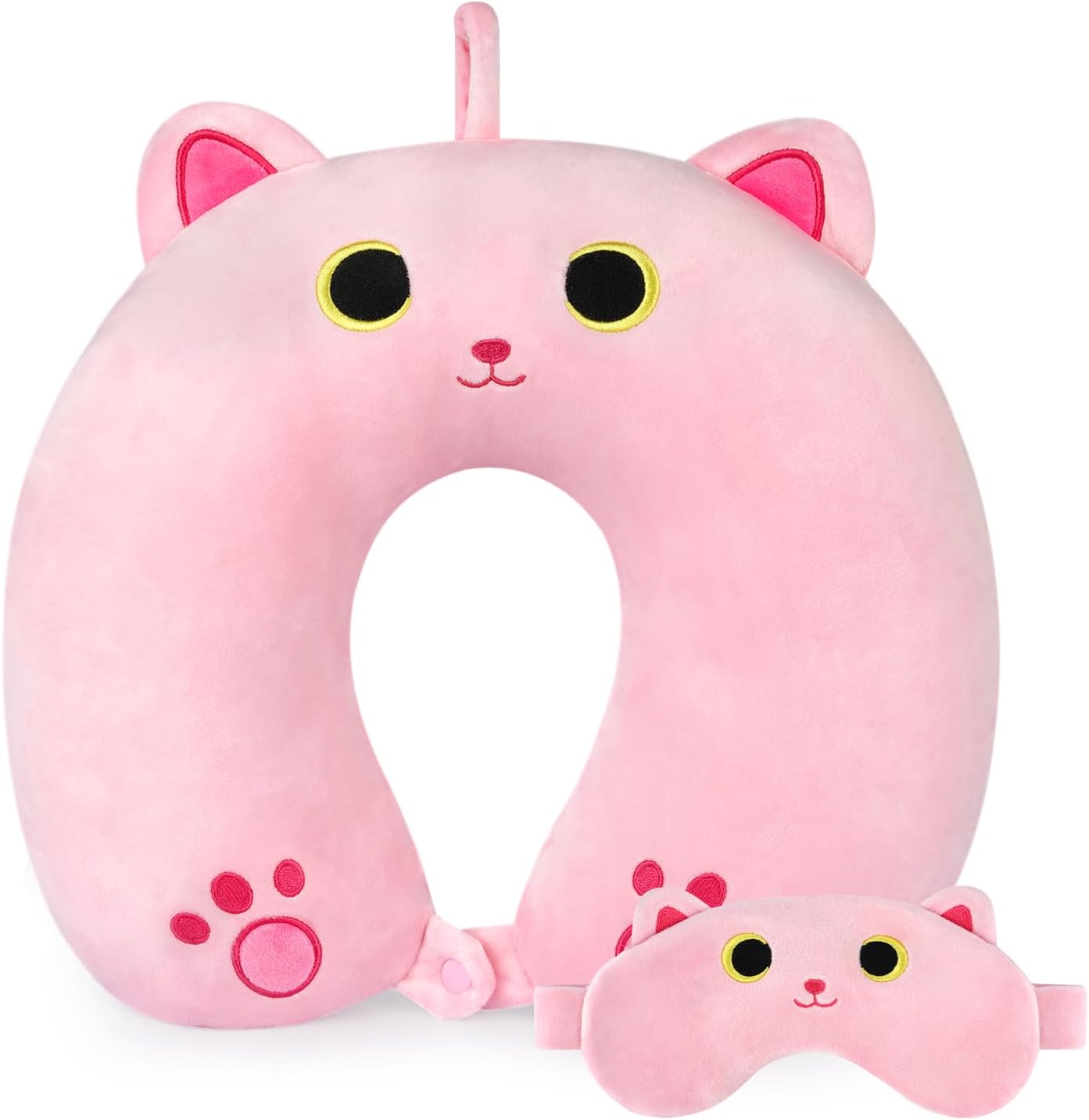 Prewplam Kids Neck Pillow with Eye Mask - Pink Cat Design