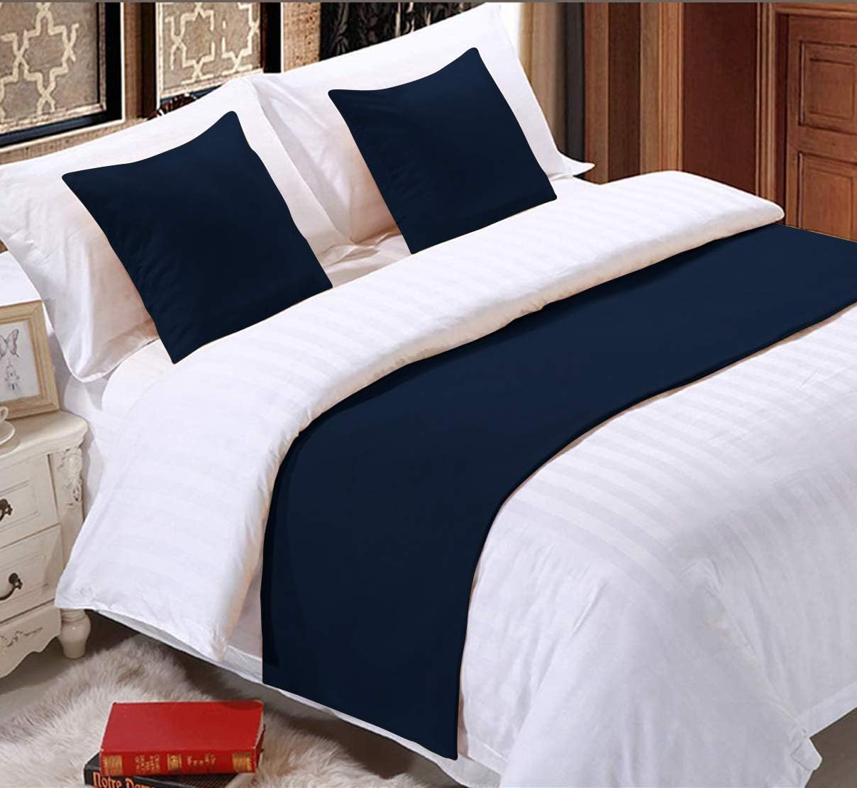 800 Thread Count Bed Runner with 2 Cushion Covers - Navy Blue Cal King