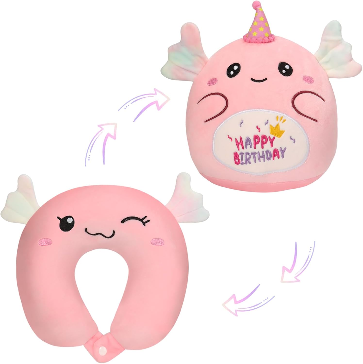 NUKBIL Kids Travel Pillow with Plush Animal Design Pink Axolotl