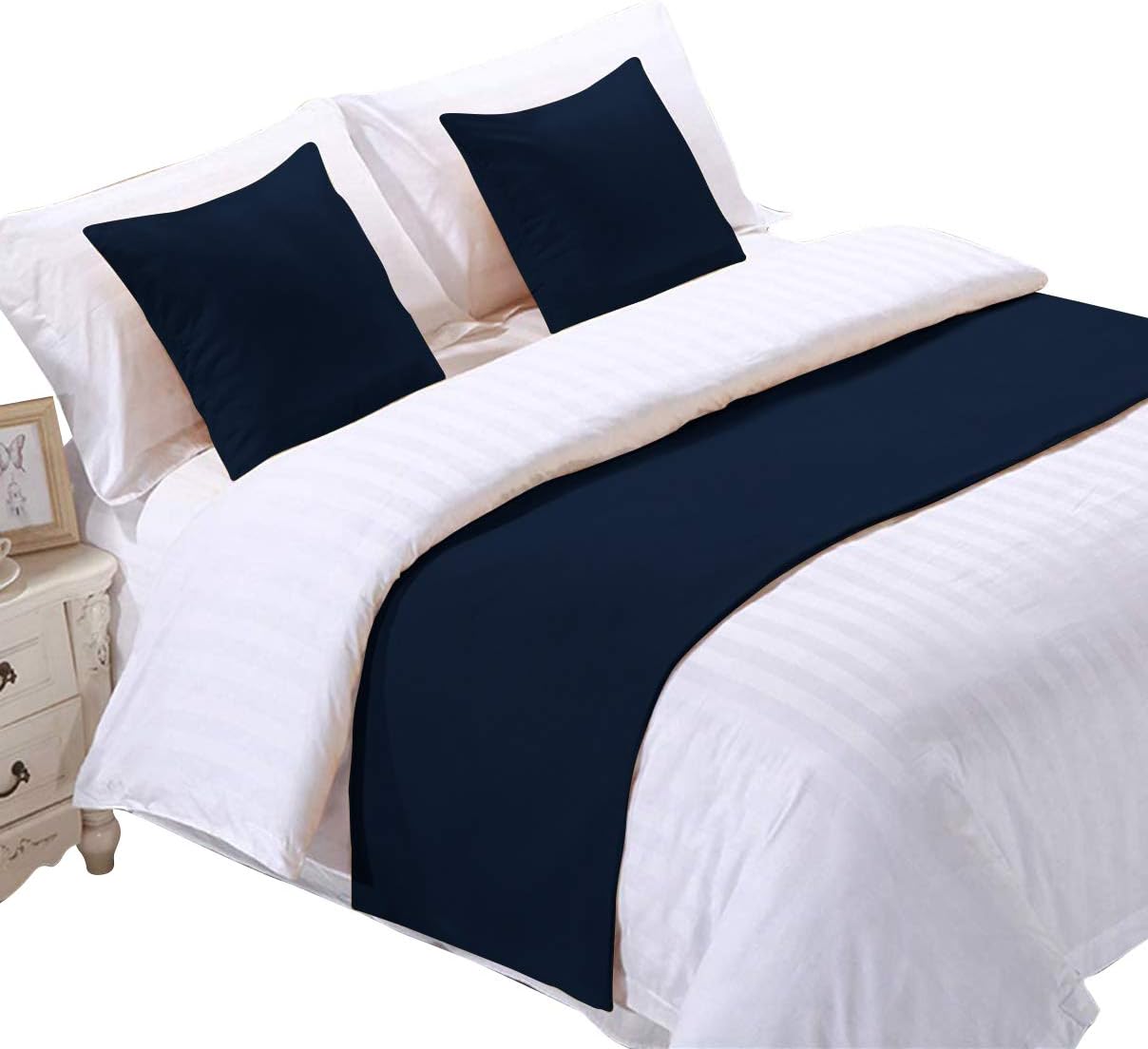800 Thread Count Bed Runner with 2 Cushion Covers - Navy Blue Cal King