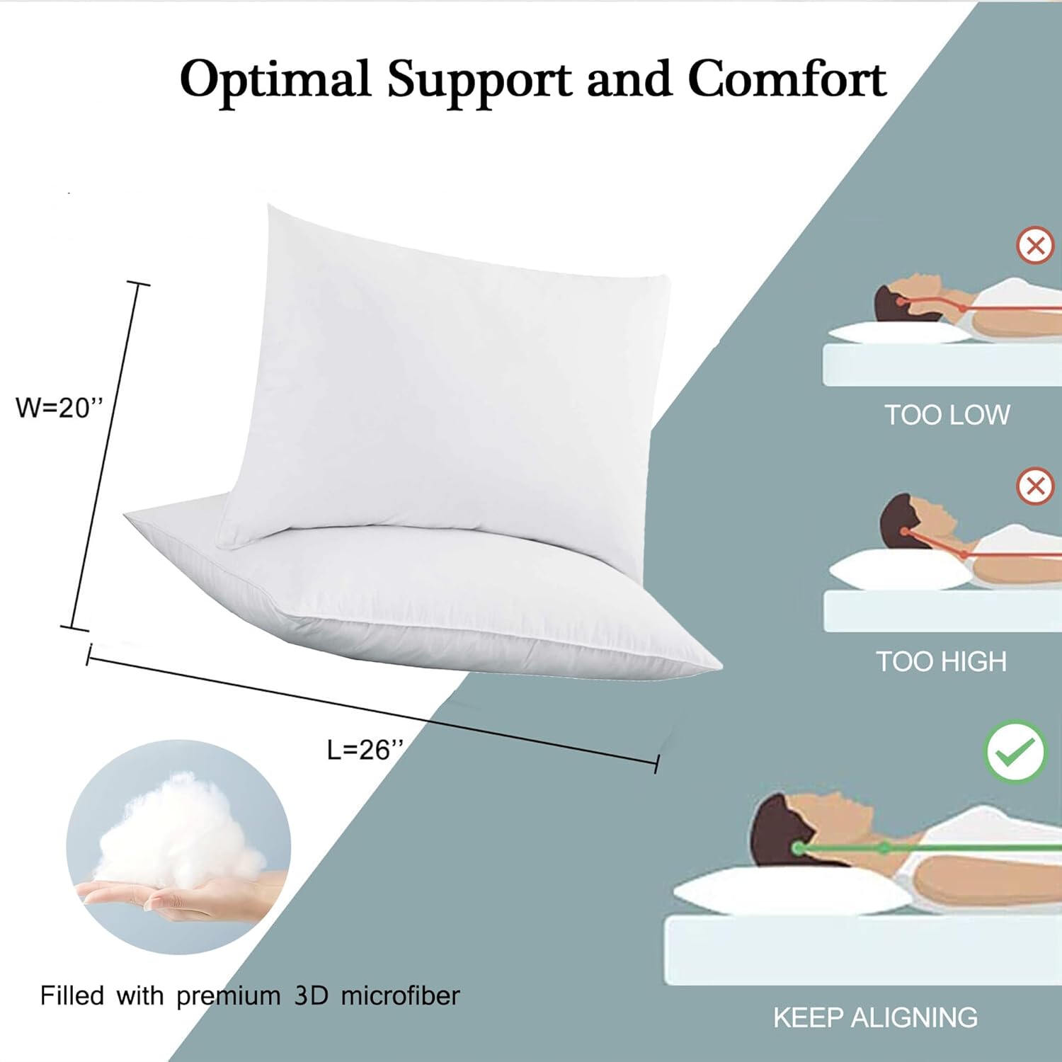 FZZOR Soft Flat Comfy Bed Pillow Set of 2