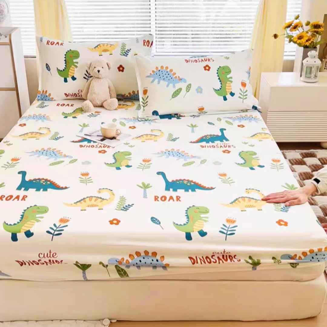3 Pieces Cute Dinosaur Fitted Bed Sheet Set for Kids