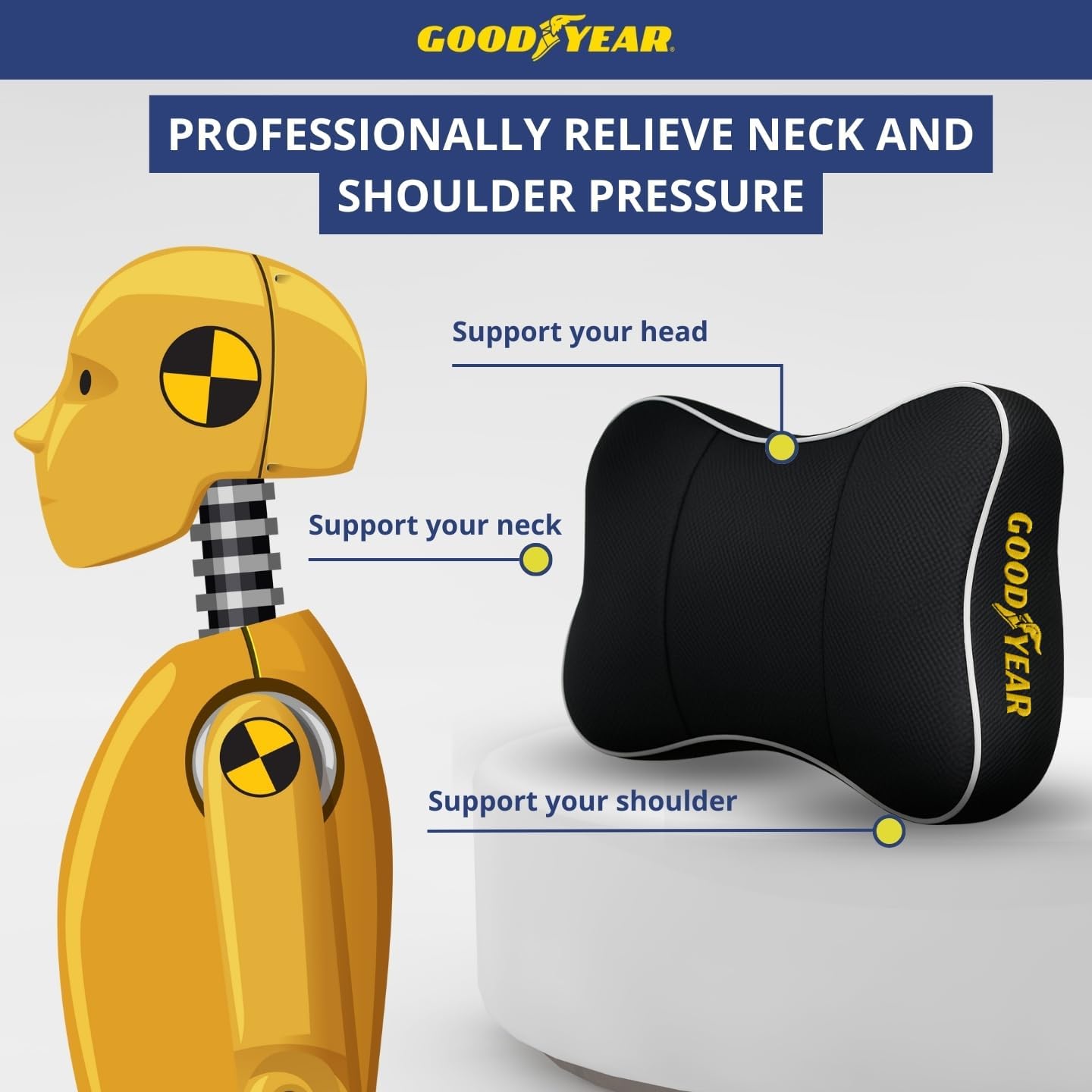 Goodyear Car Neck Pillow with Adjustable Strap and Memory Foam Support