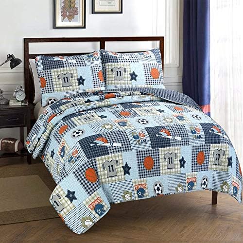 Cozy Line Blue Sports Quilt Set for Boys Kids Queen