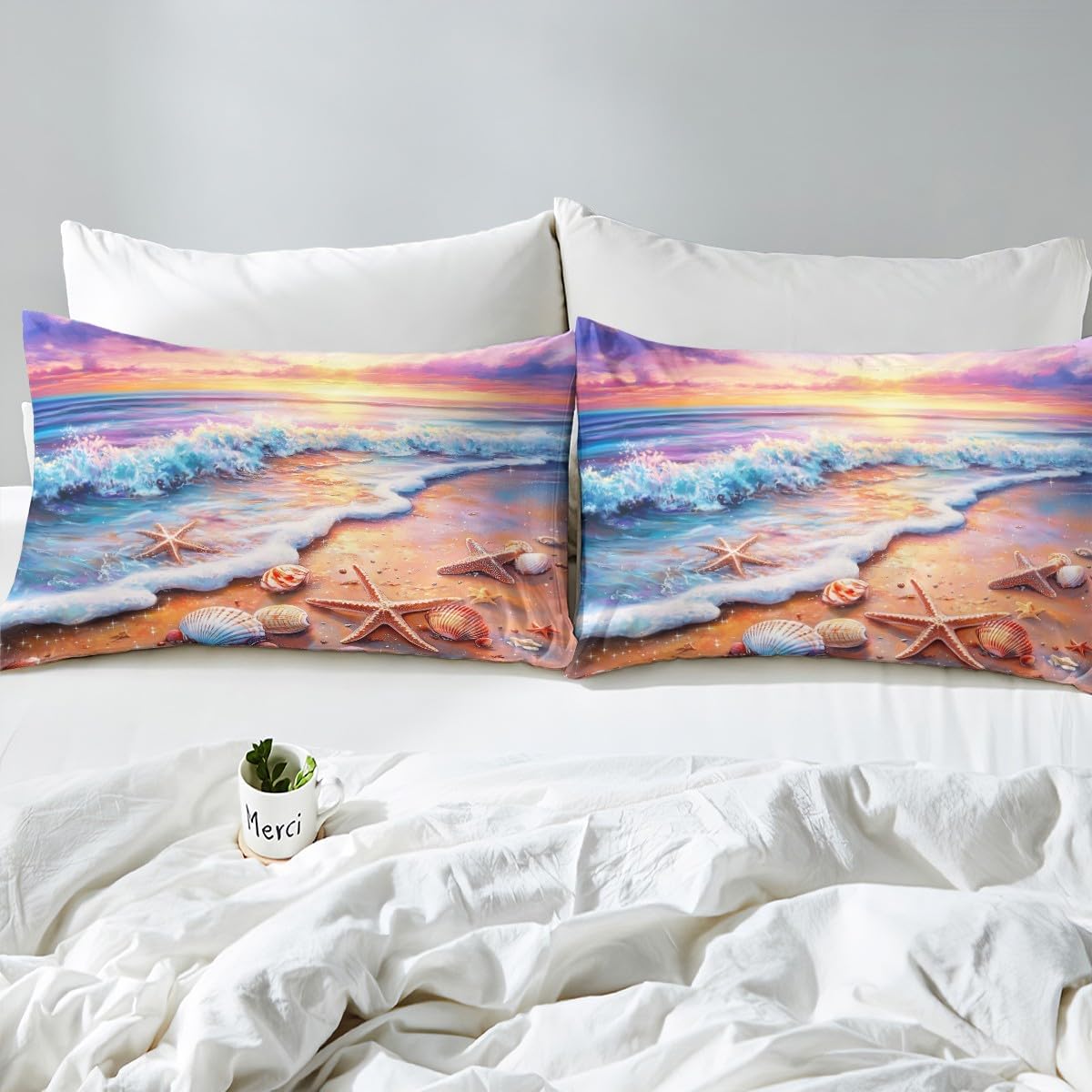 Erosebridal King Size Beach Sheet Set with Shell Starfish Print 1