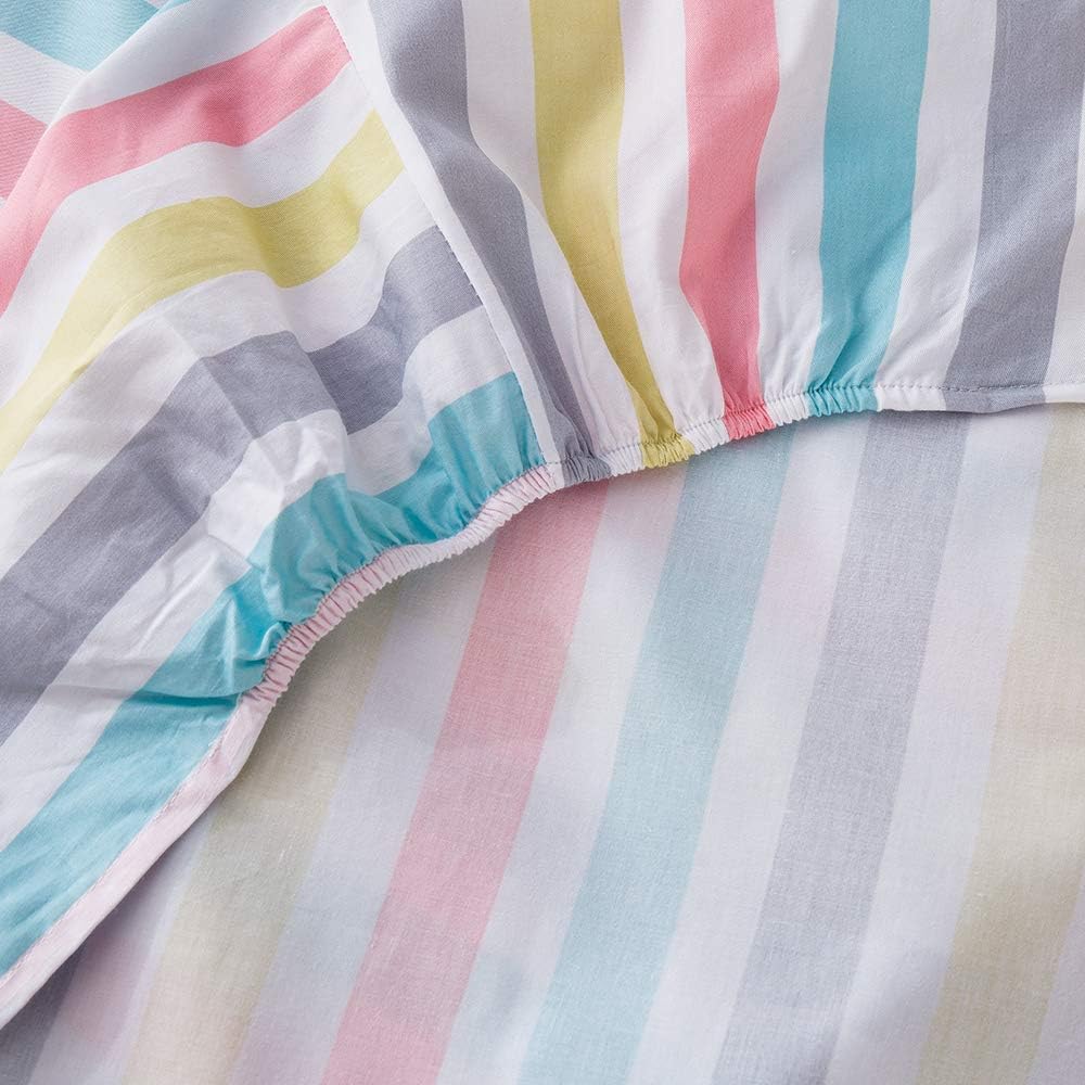 HighBuy Cooling Cotton Fitted Sheet Twin Size Deep Pocket Striped