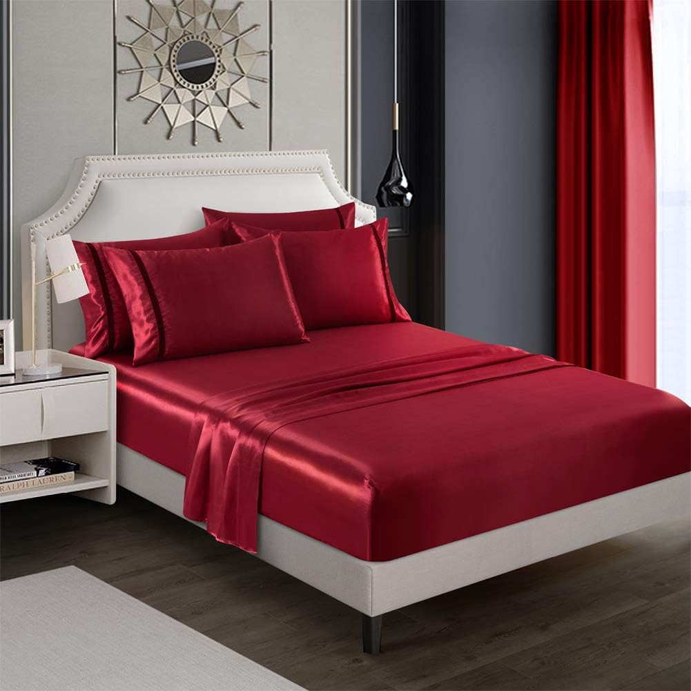 RevenRella 6-Piece Satin Sheet Set Queen Size Burgundy Velvet