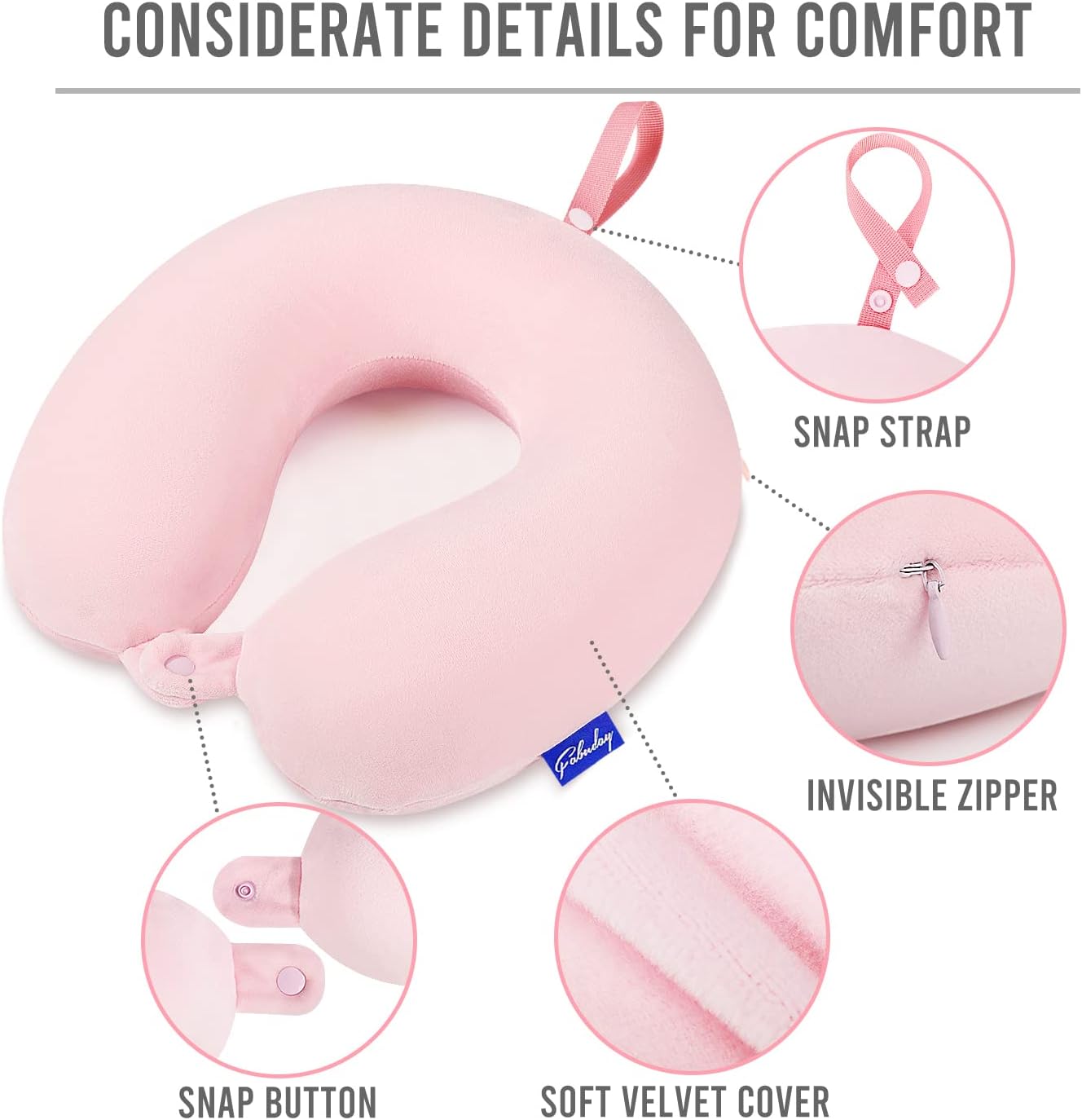 Fabuday Memory Foam Travel Neck Pillow - Pink with Snap Strap