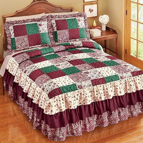 Collections Etc Patchwork Triple Ruffle Bedspread Burgundy Green Beige