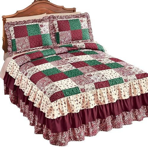Collections Etc Patchwork Triple Ruffle Bedspread Burgundy Green Beige
