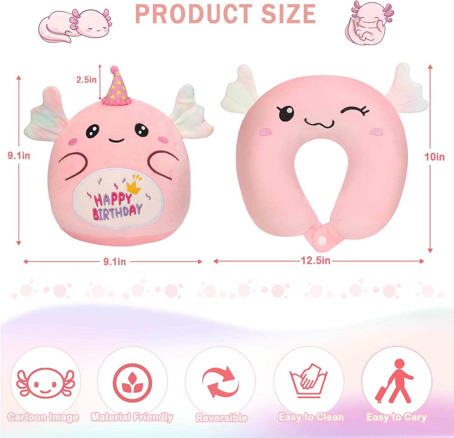 NUKBIL Kids Travel Pillow with Plush Animal Design Pink Axolotl
