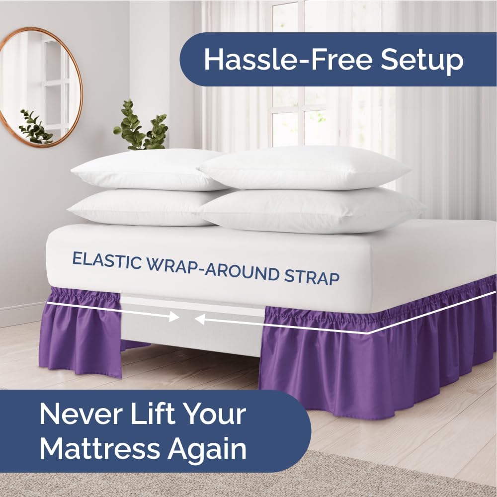 Wrap Around Dust Ruffle Bed Skirt 2 Pillowcases Bundle - Purple