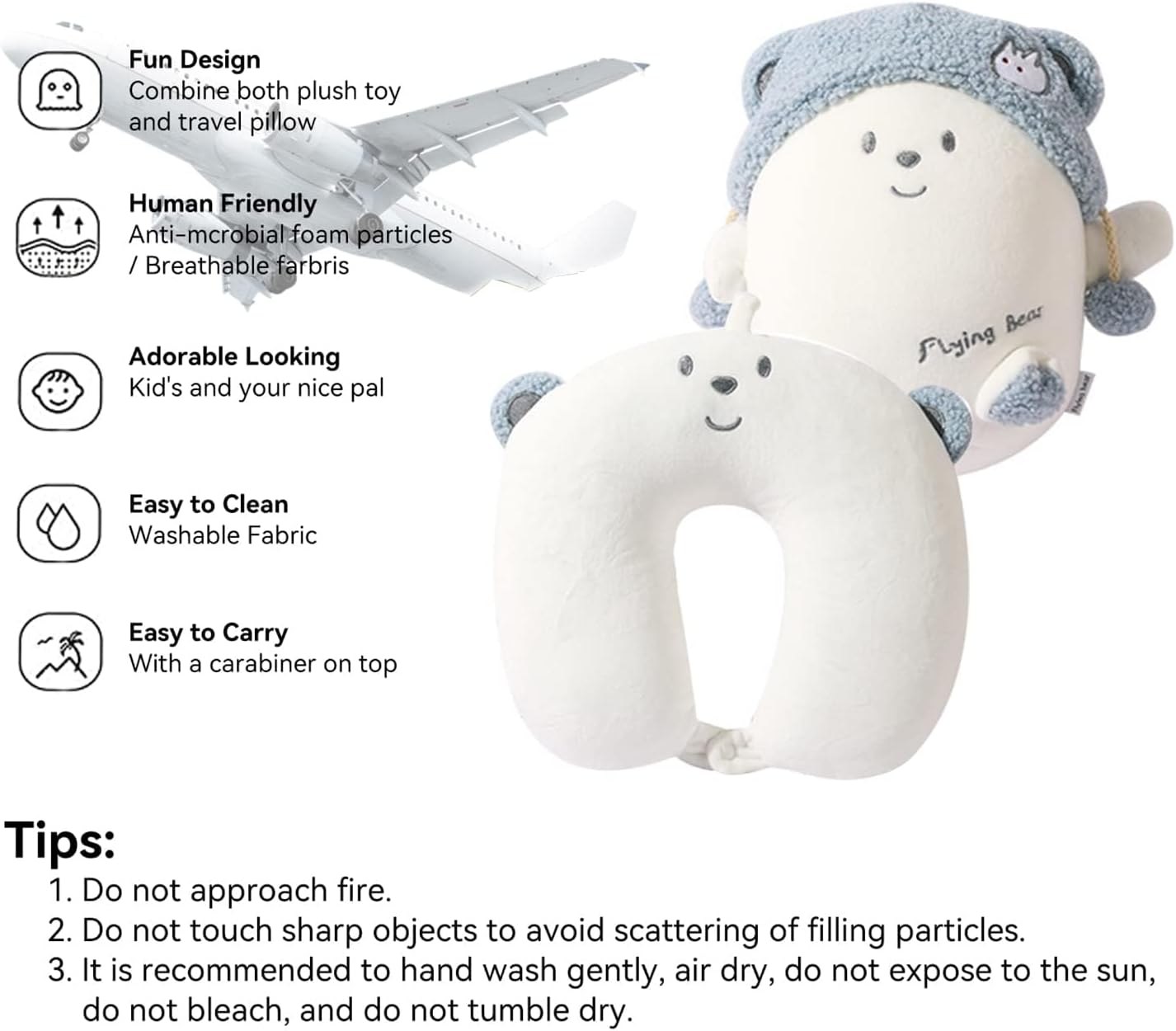 Kids Travel Pillow with Blue Bear Design