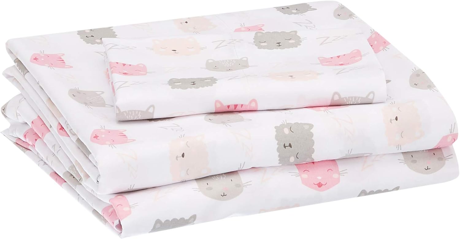 Amazon Basics Kids Soft Microfiber 3-Piece Sheet Set Twin Peony Pink Kitties