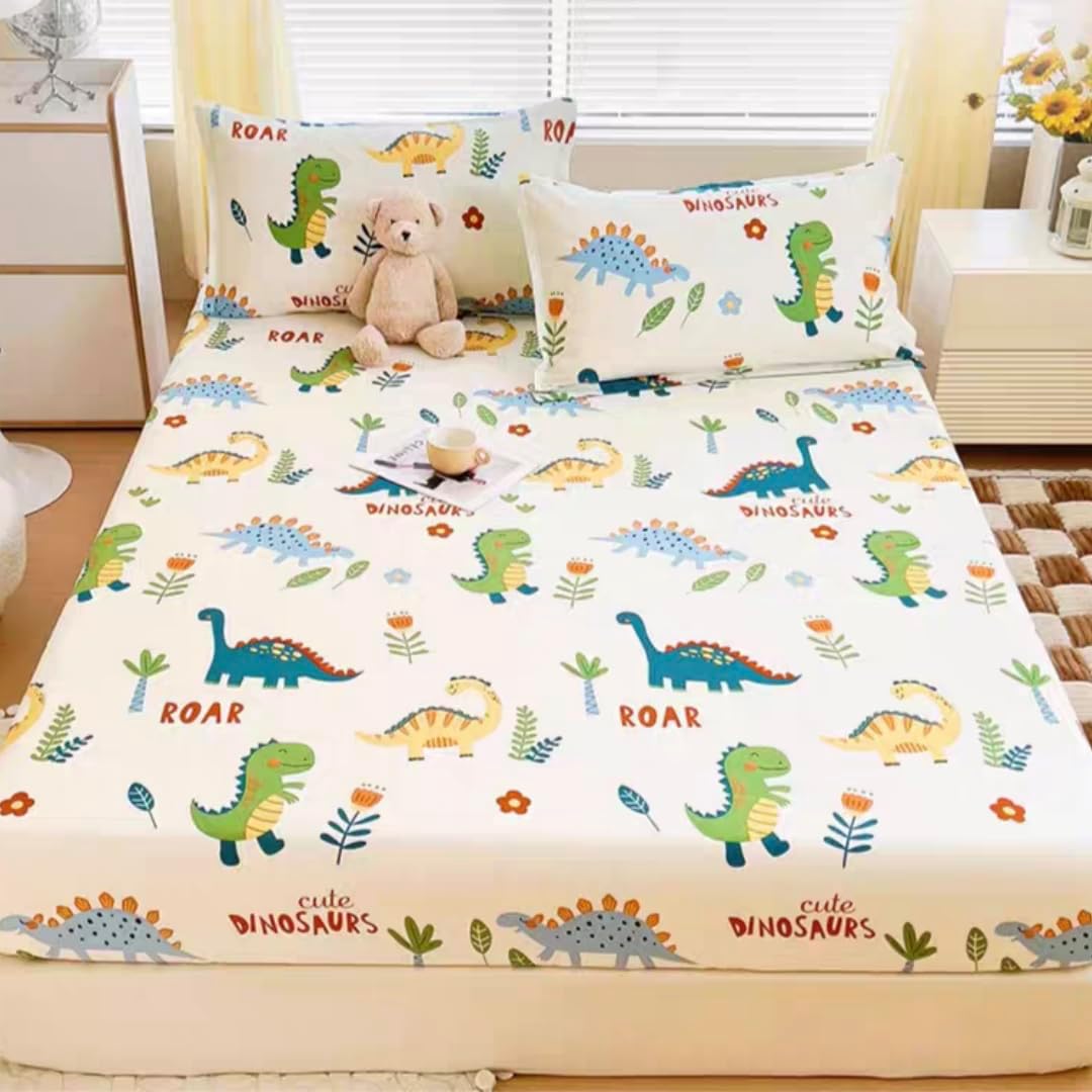 3 Pieces Cute Dinosaur Fitted Bed Sheet Set for Kids