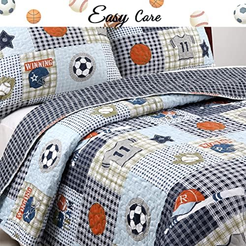 Cozy Line Blue Sports Quilt Set for Boys Kids Queen