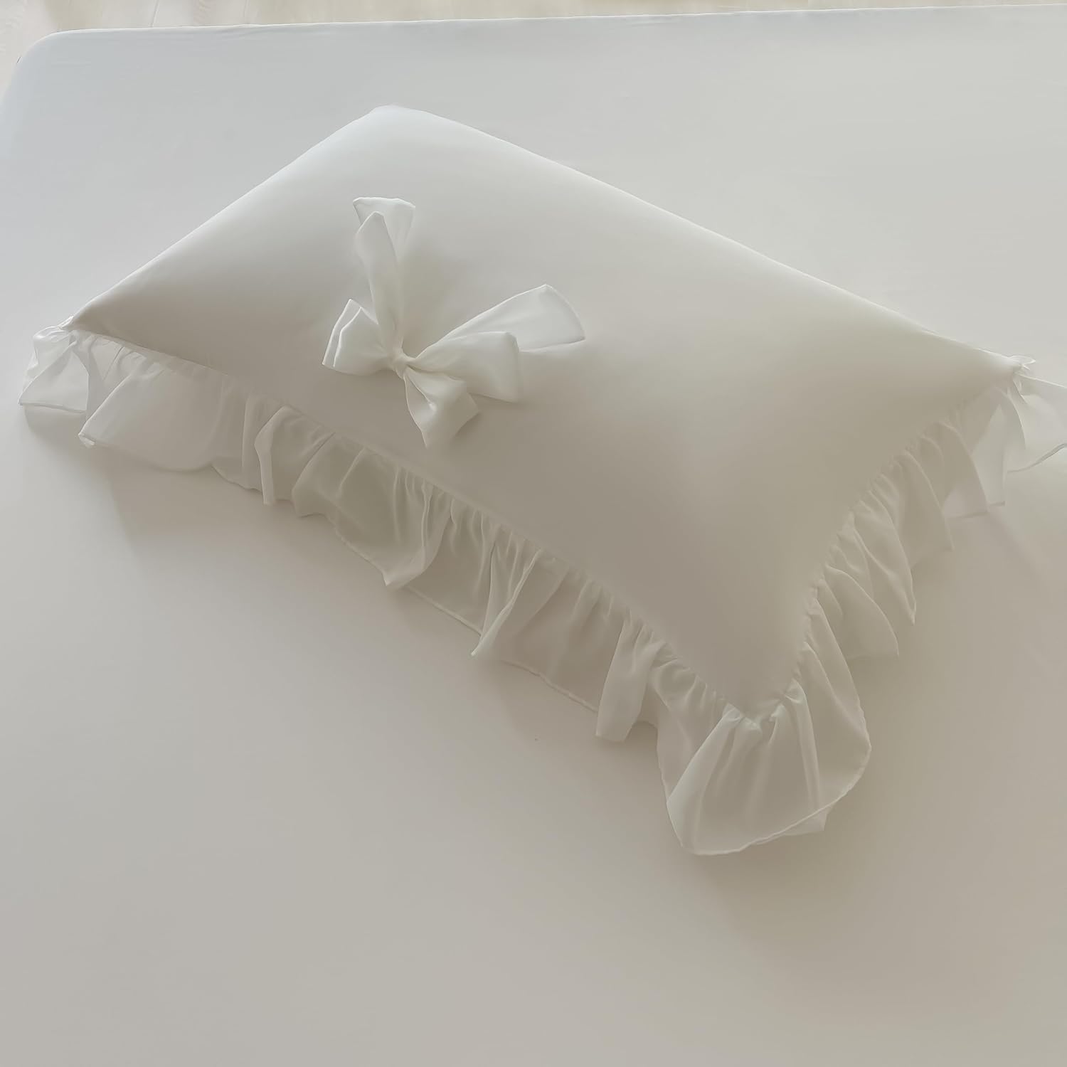 SOUKECHY Chic Lace Duvet Cover Set with Bow and Zipper - White Twin