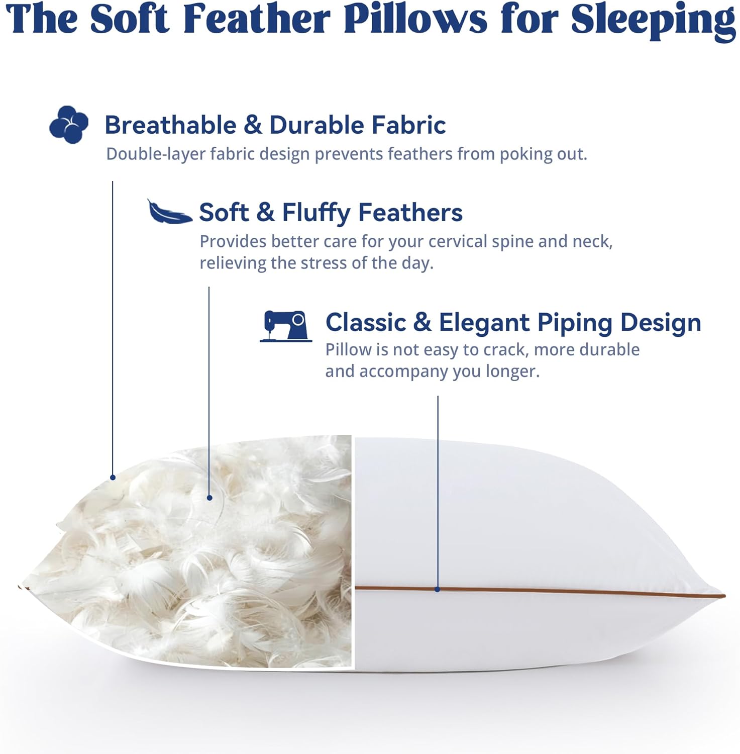 Puredown Goose Feather Down Pillows Queen Size Set of 2 1