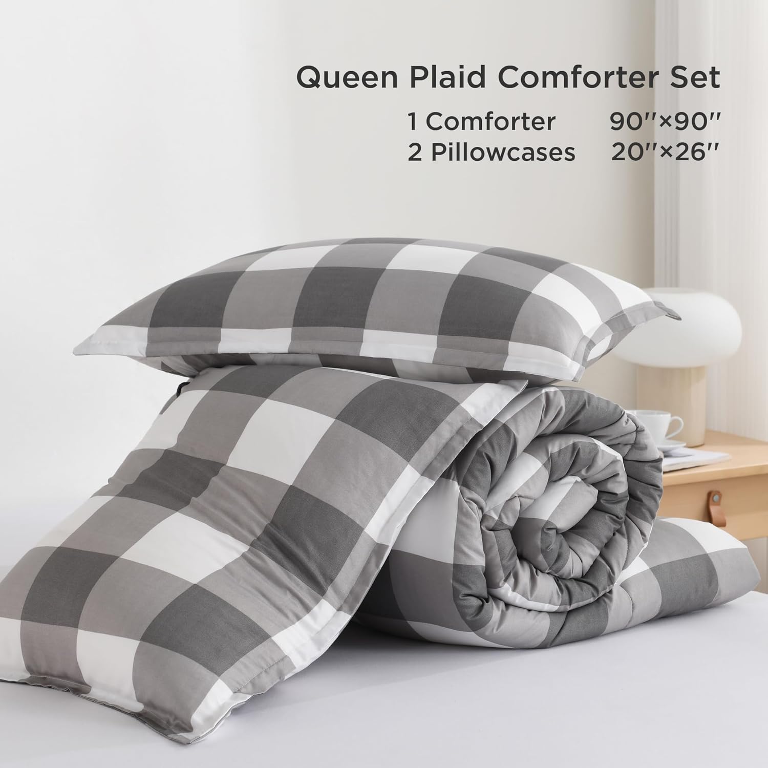 Andency Grey Queen Plaid Comforter Set 3 Piece